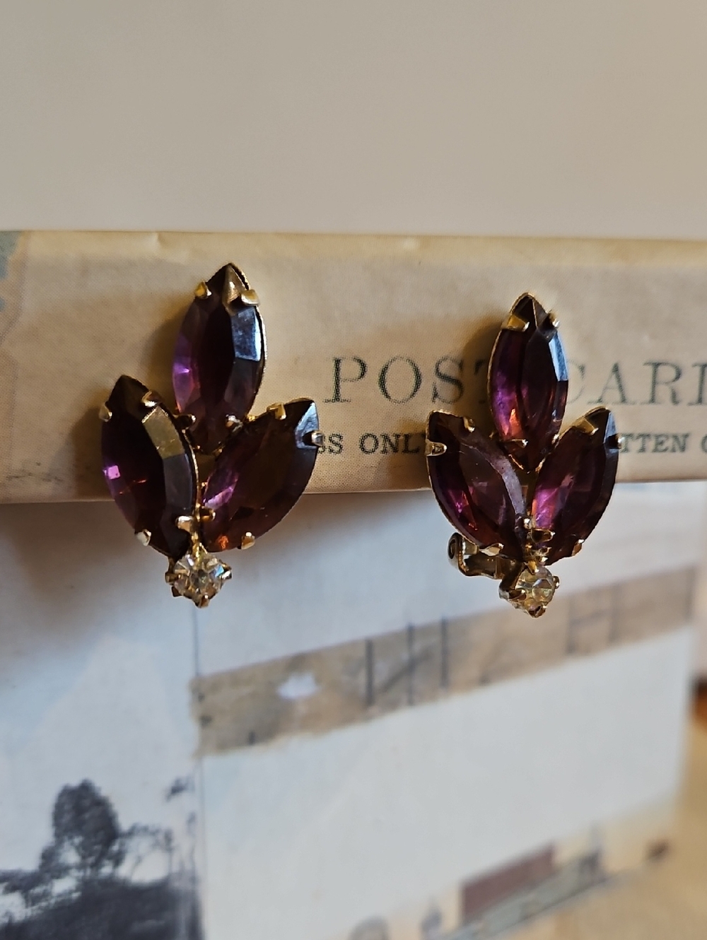 Vintage Purple and Clear Rhinestone Marquise Cluster Clip On Earrings - Picture 2 of 5